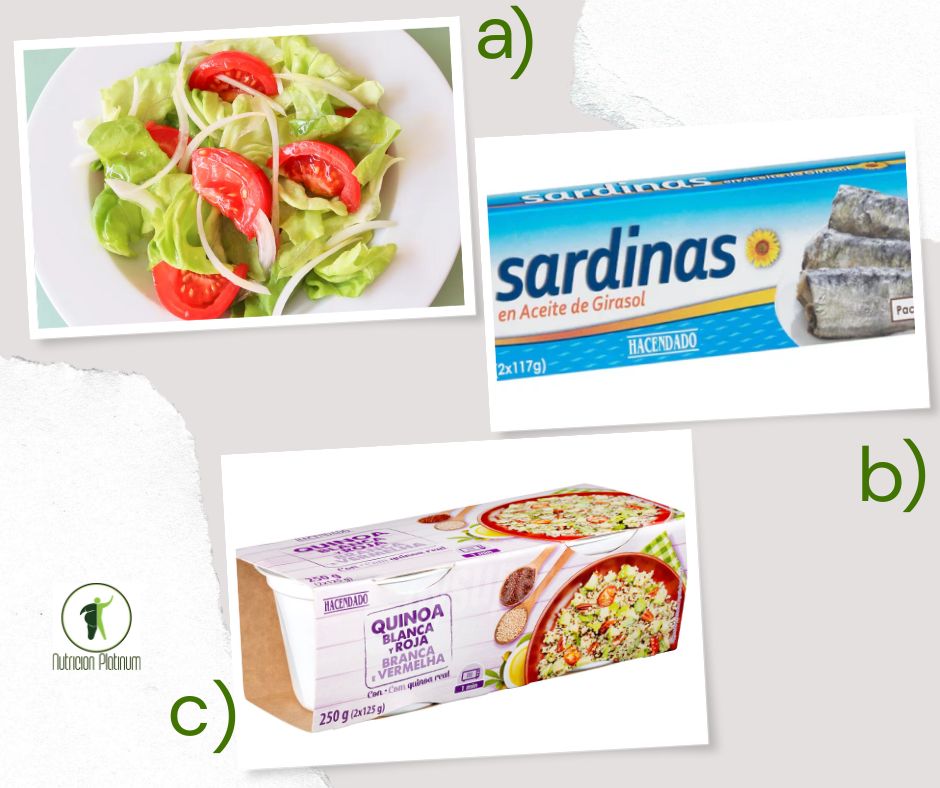 Ensalada de lechuga y tomate con sardinas en conserva y 1 vasito de quinoa por persona.